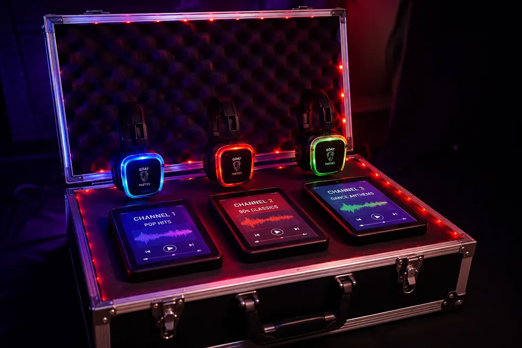 Cas cario yn dal y tair sianel disgo distaw, pob un gyda sgrin a phâr o glustffonau LED.